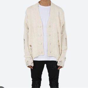 MNML Distressed Cardigan Sweater Cream Shredded Grunge Button Front Men's L
